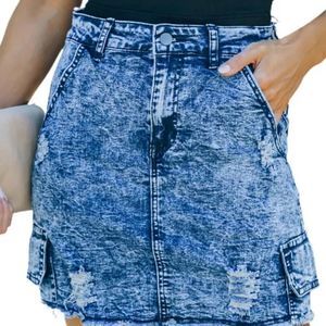 Blue High Waist Distressed Denim Mini Skirt